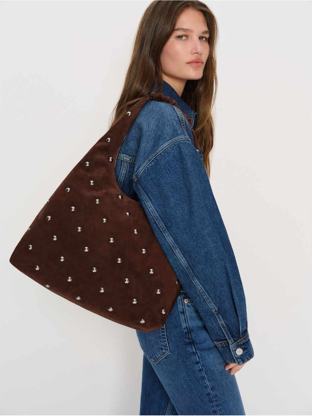 New Reformation Willow Studded Suede Tote Bag Brown